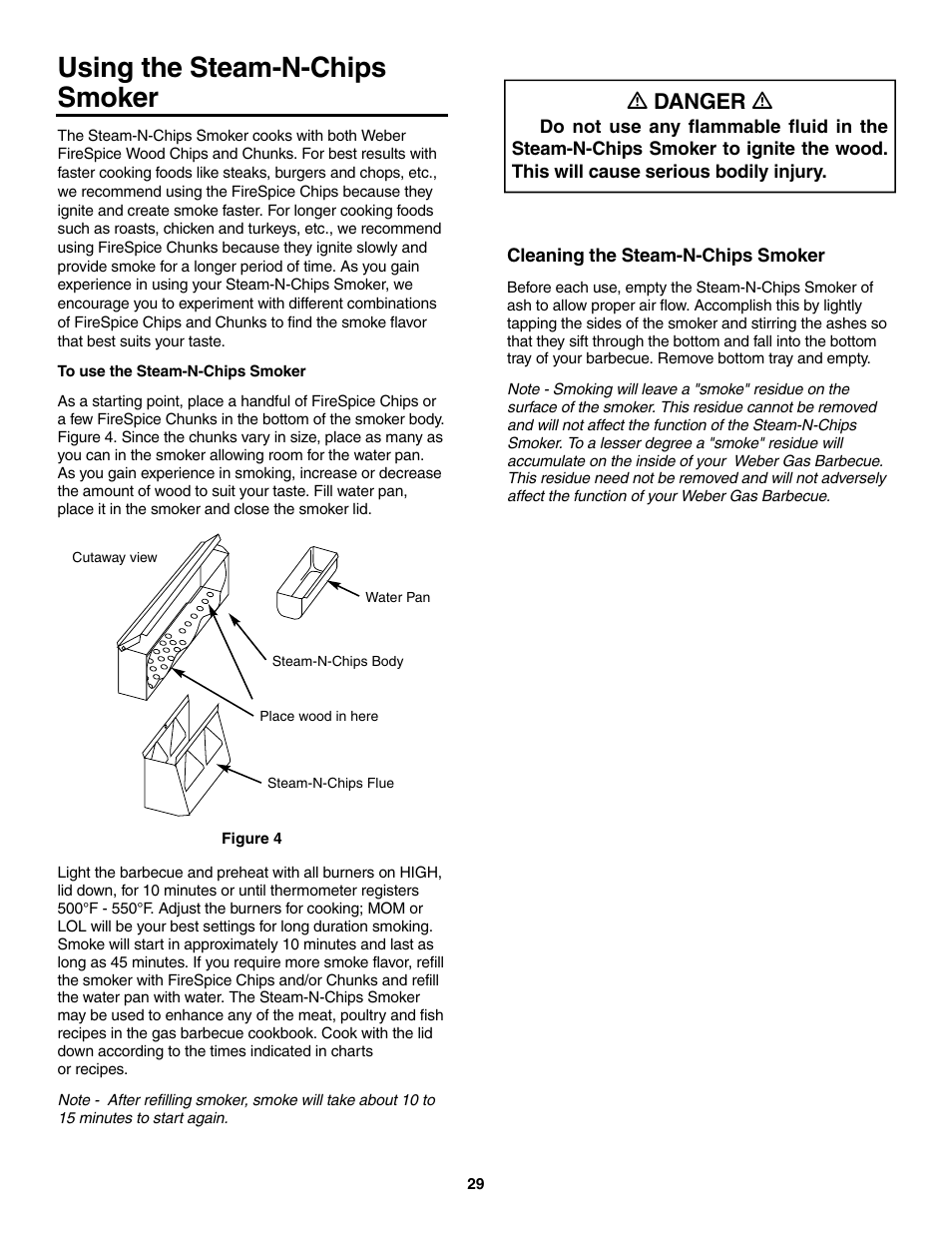 Using the steam-n-chips smoker, To use the steam-n-chips smoker, Cleaning the steam-n-chips smoker | Ƽ danger ƽ | weber 4000 User Manual | Page 29 / 40