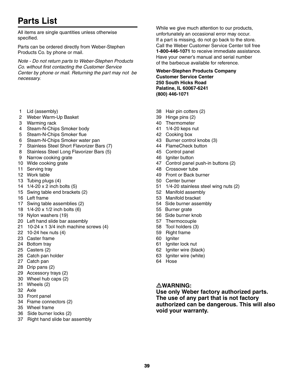 Parts list | weber 4000 User Manual | Page 39 / 40