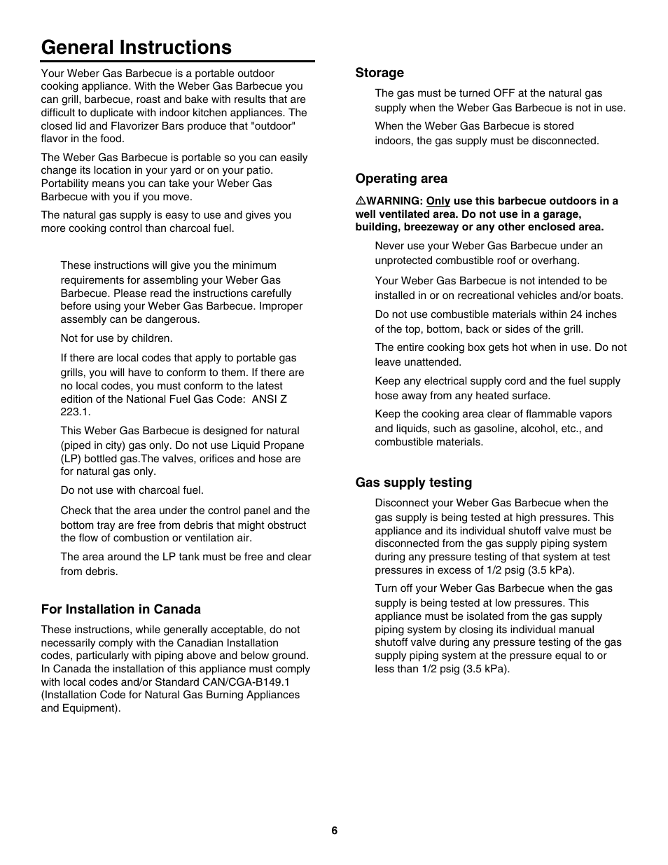 General instructions, For installation in canada, Storage | Operating area, Gas supply testing | weber 4000 User Manual | Page 6 / 40