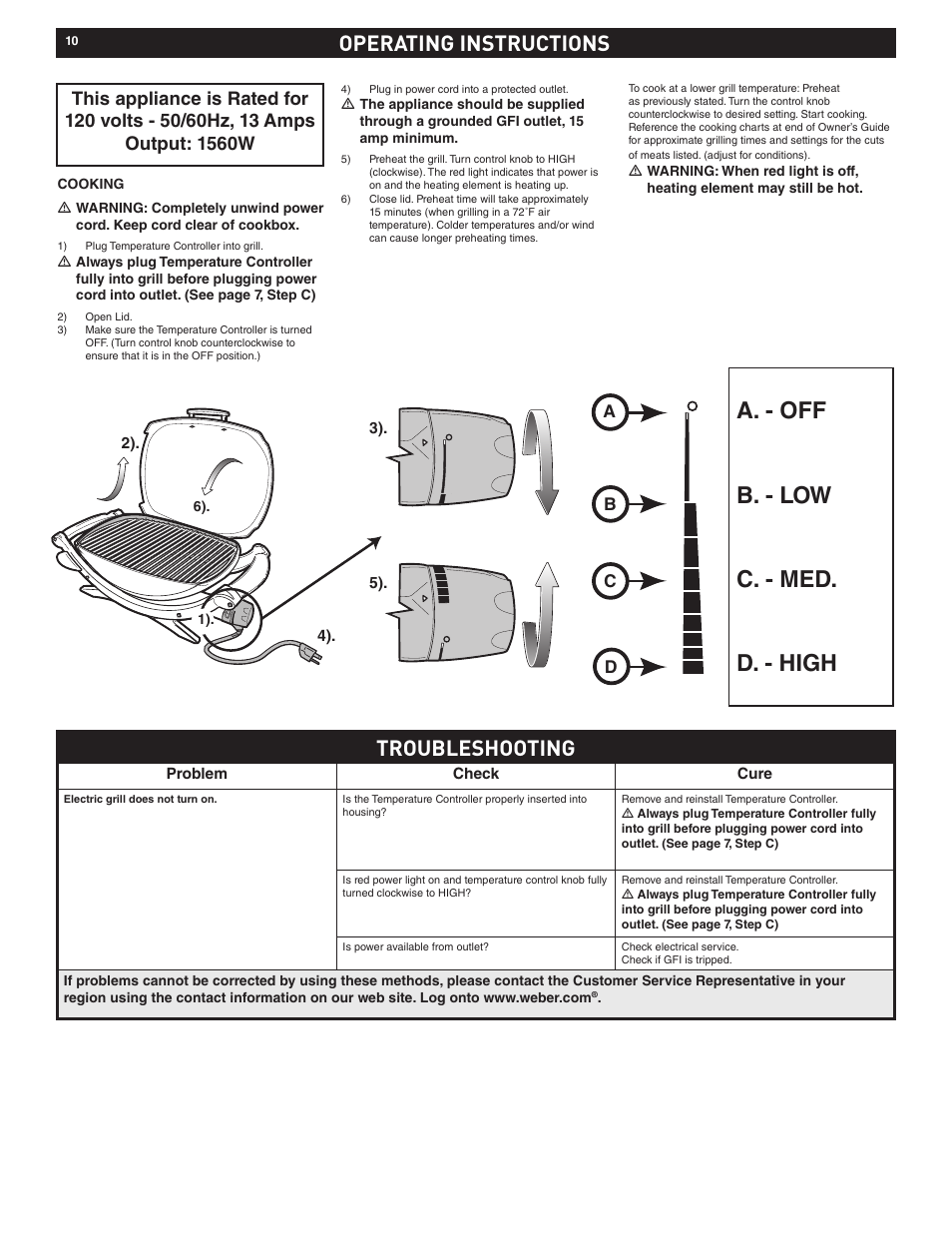 A. - off b. - low c. - med. d. - high, Operating instructions, Troubleshooting | weber Electric Grill Q 140 User Manual | Page 10 / 28