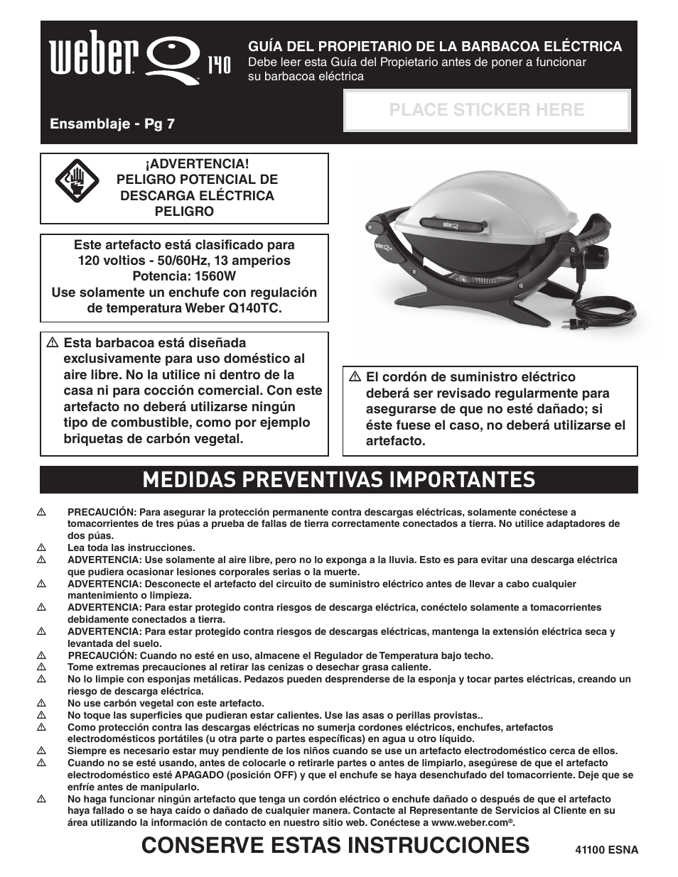 Conserve estas instrucciones, Medidas preventivas importantes, Place sticker here | weber Electric Grill Q 140 User Manual | Page 12 / 28