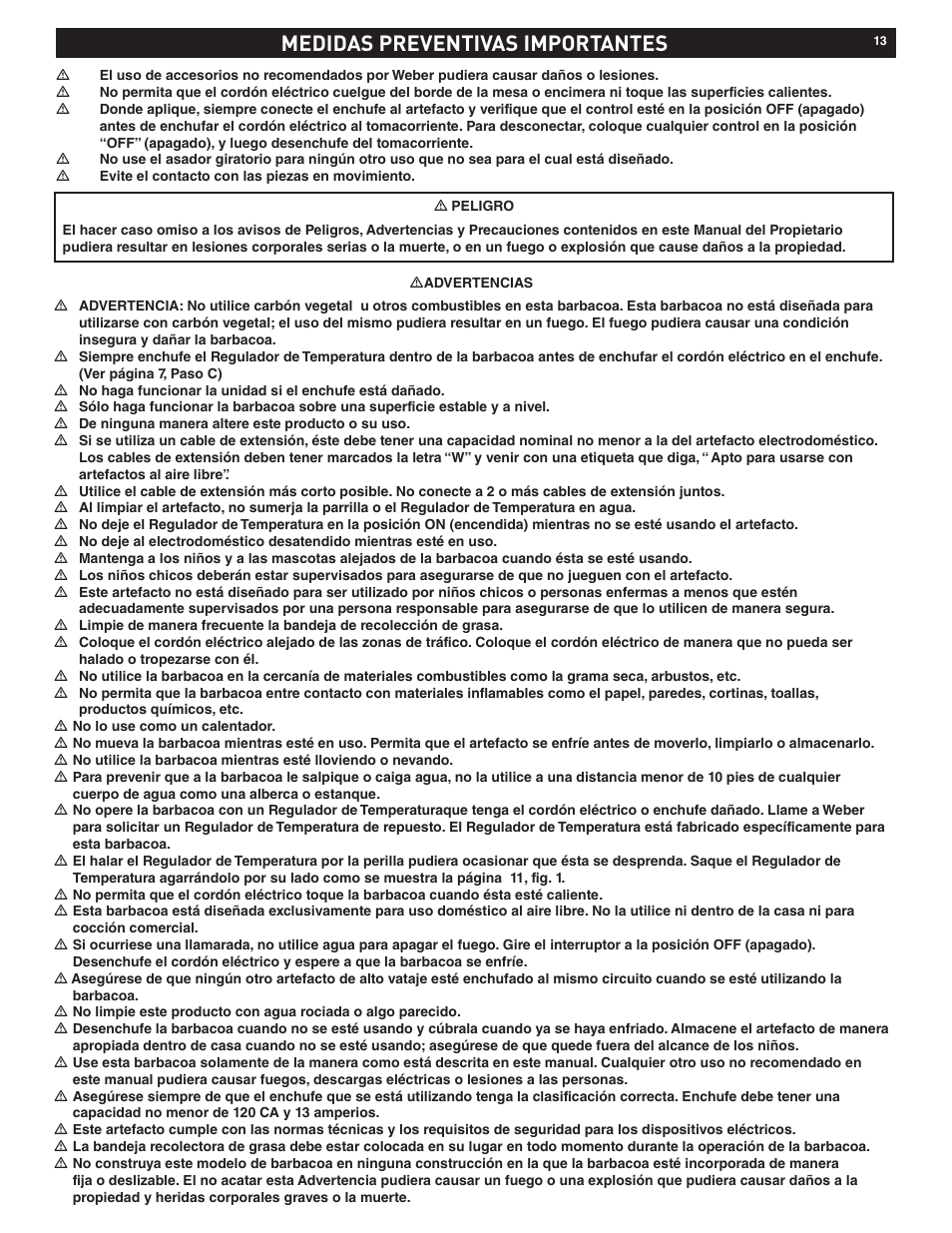 Medidas preventivas importantes | weber Electric Grill Q 140 User Manual | Page 13 / 28
