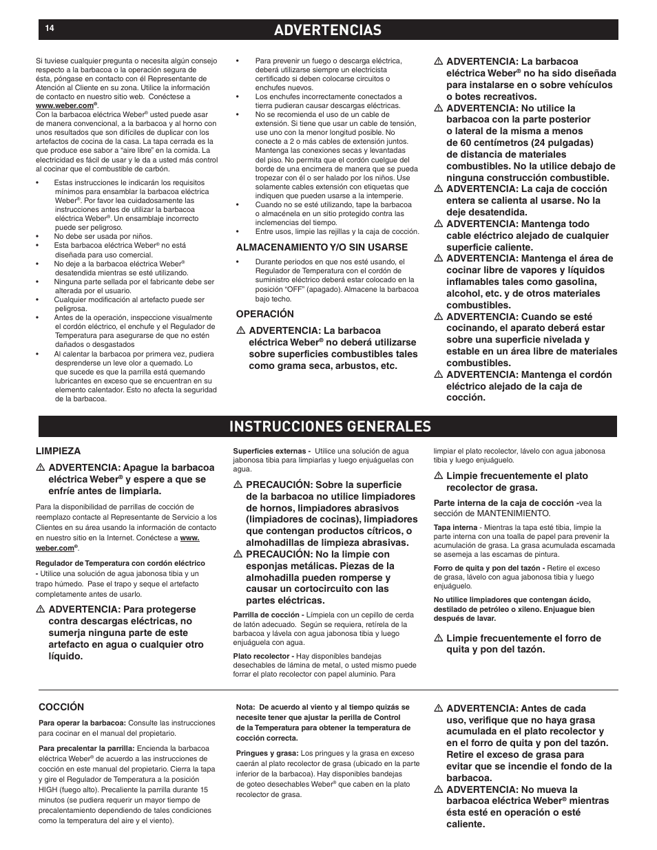 Advertencias | weber Electric Grill Q 140 User Manual | Page 14 / 28