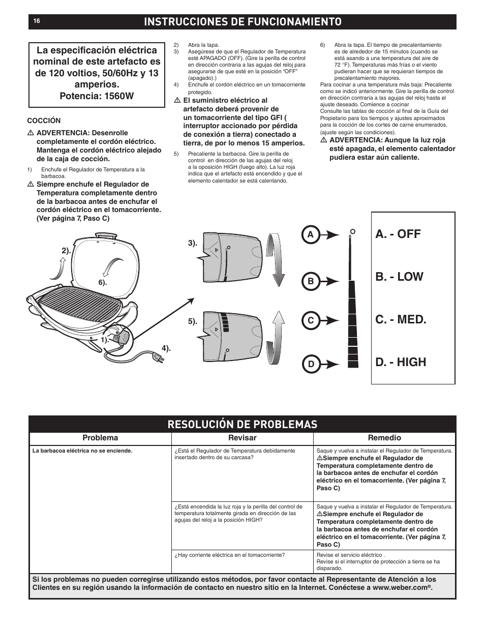 A. - off b. - low c. - med. d. - high, Resolución de problemas, Instrucciones instrucciones de funcionamiento | weber Electric Grill Q 140 User Manual | Page 16 / 28