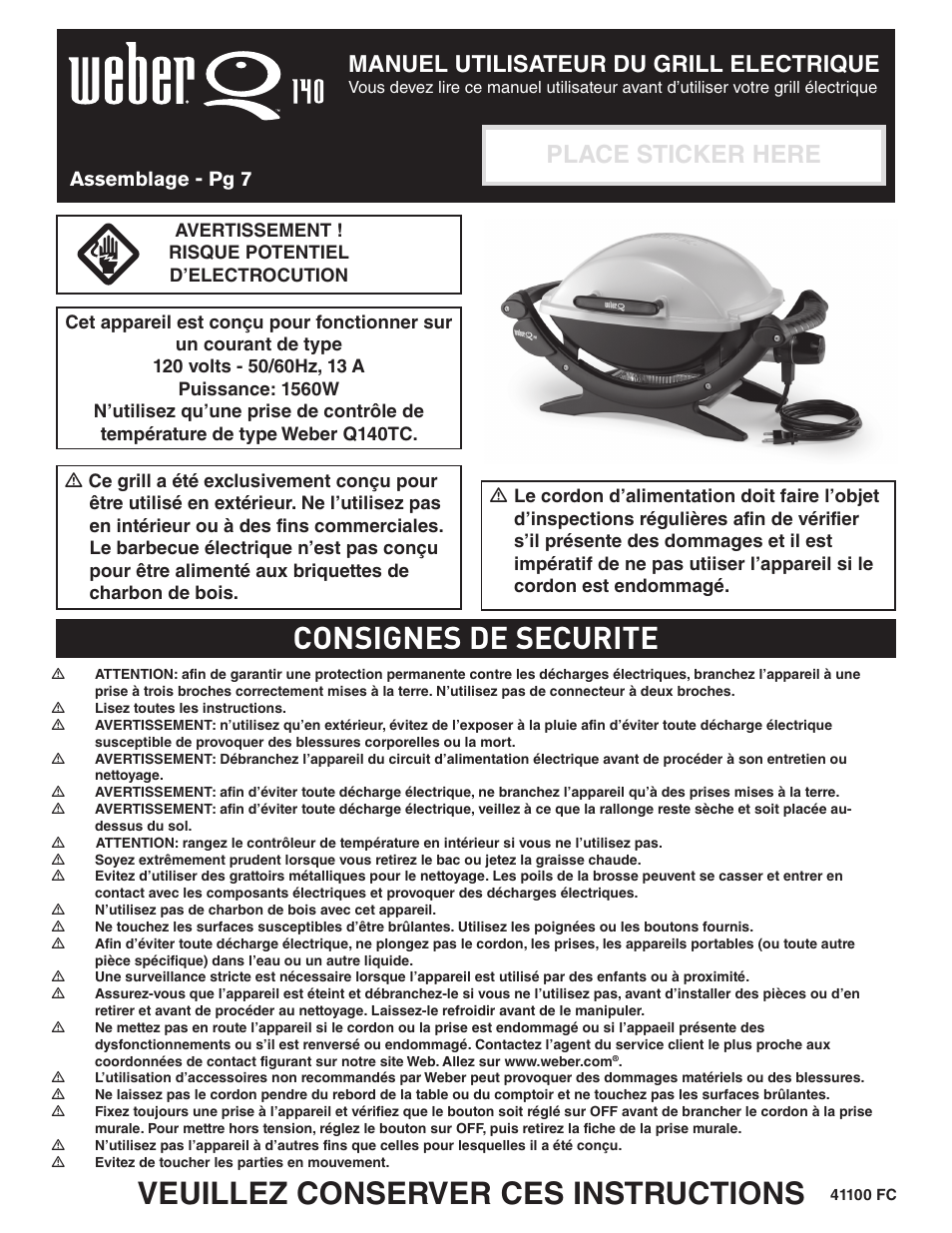 Veuillez conserver ces instructions, Consignes de securite, Place sticker here | Manuel utilisateur du grill electrique, Assemblage - pg 7 | weber Electric Grill Q 140 User Manual | Page 18 / 28