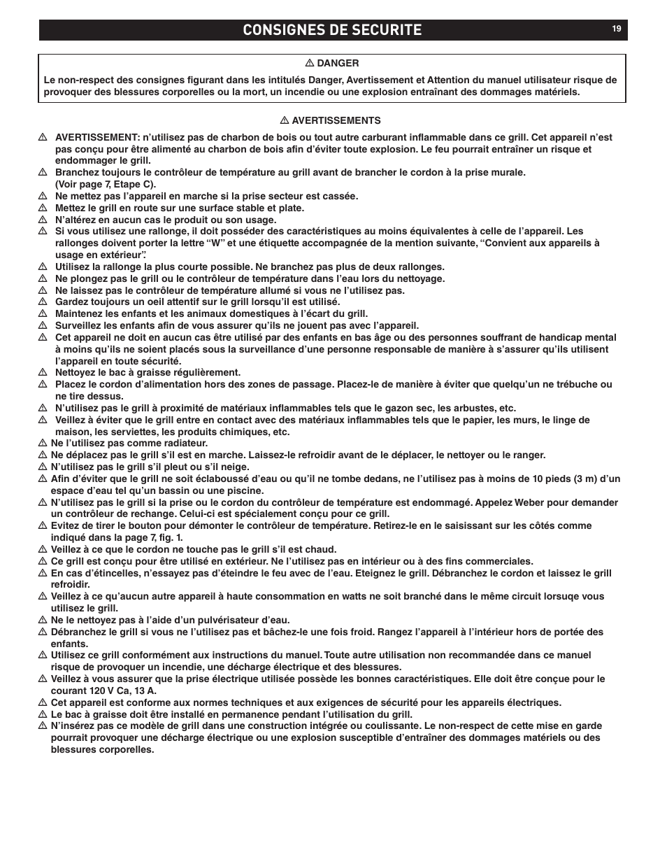 Consignes de securite | weber Electric Grill Q 140 User Manual | Page 19 / 28