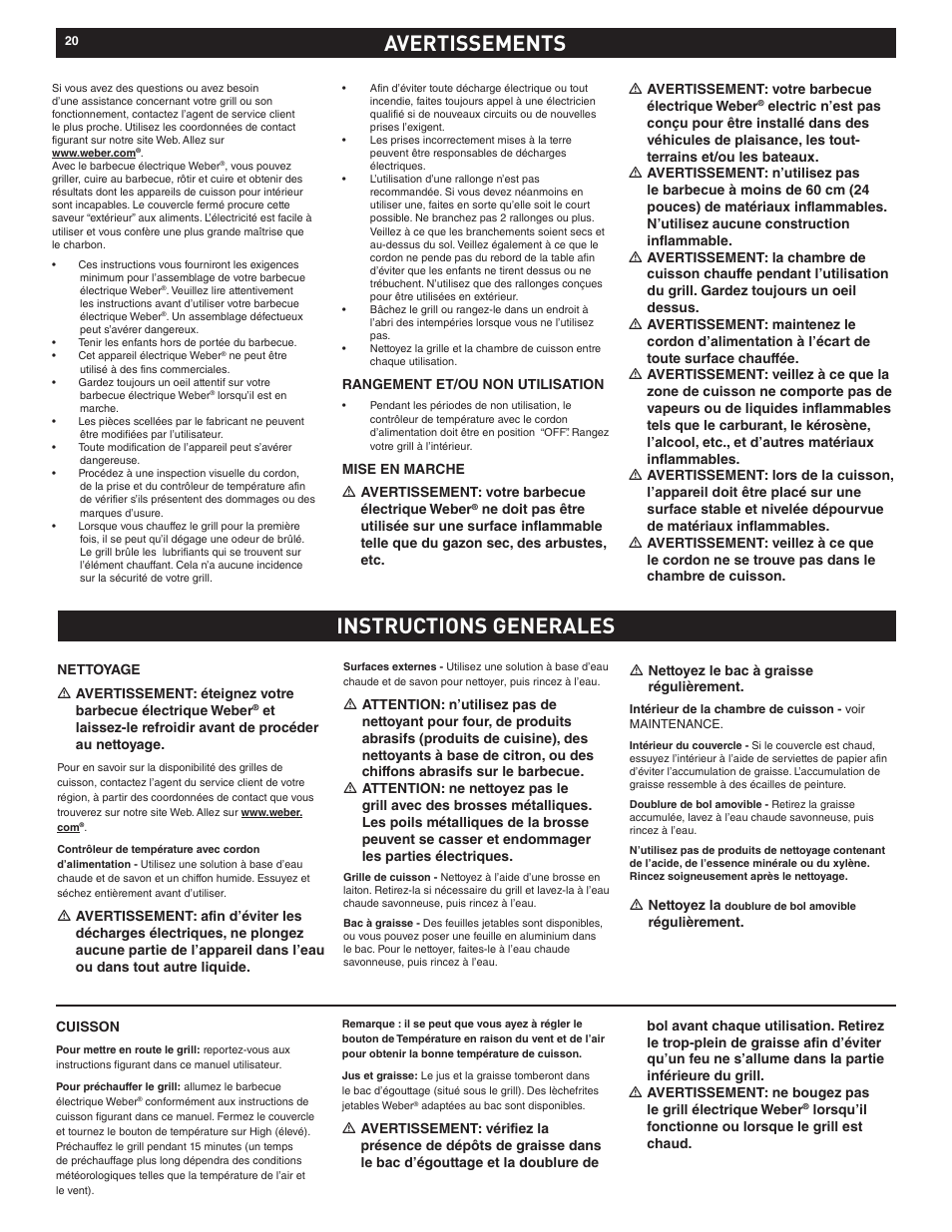 Avertissements | weber Electric Grill Q 140 User Manual | Page 20 / 28