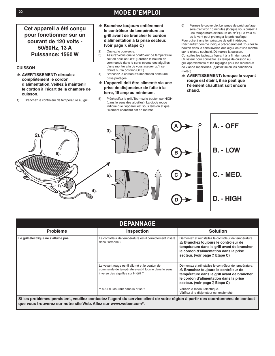 A. - off b. - low c. - med. d. - high, Depannage, Mode d’emploi | weber Electric Grill Q 140 User Manual | Page 22 / 28