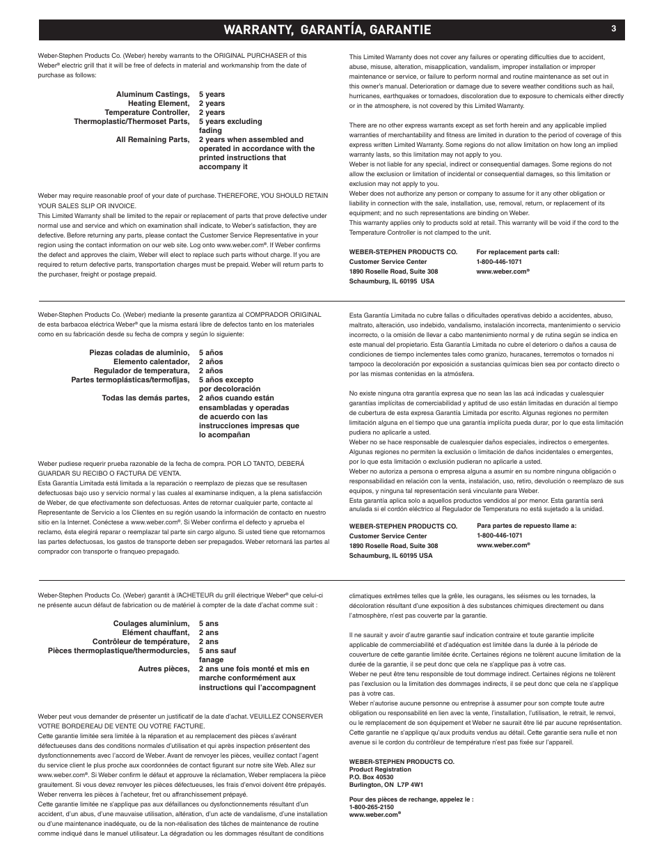 Warranty, garantía, garantie | weber Electric Grill Q 140 User Manual | Page 3 / 28