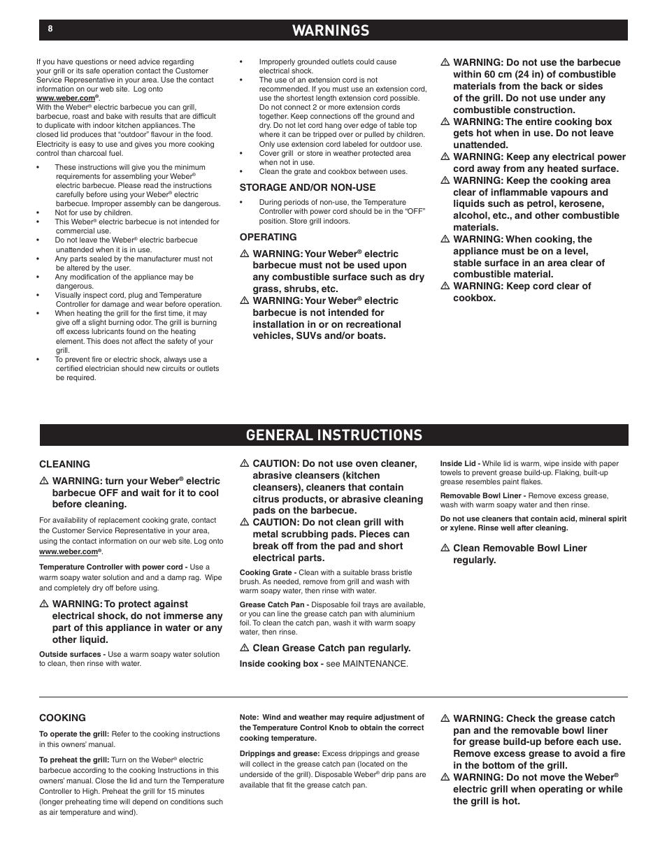 Warnings, Warnings general instructions general instructions | weber Electric Grill Q 140 User Manual | Page 8 / 28