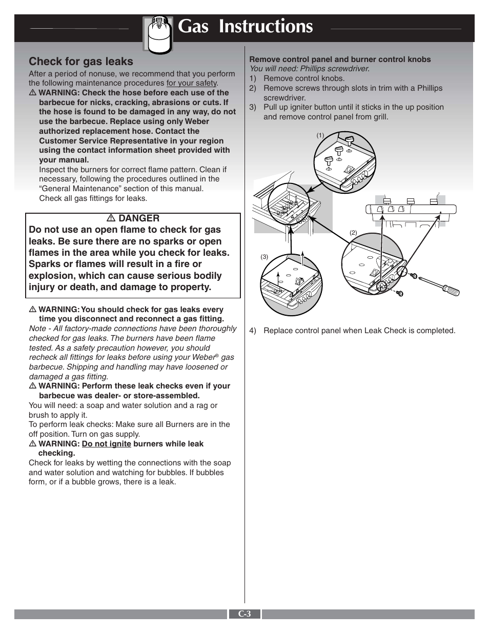 Gas instructions, Check for gas leaks | weber 55276 User Manual | Page 23 / 30