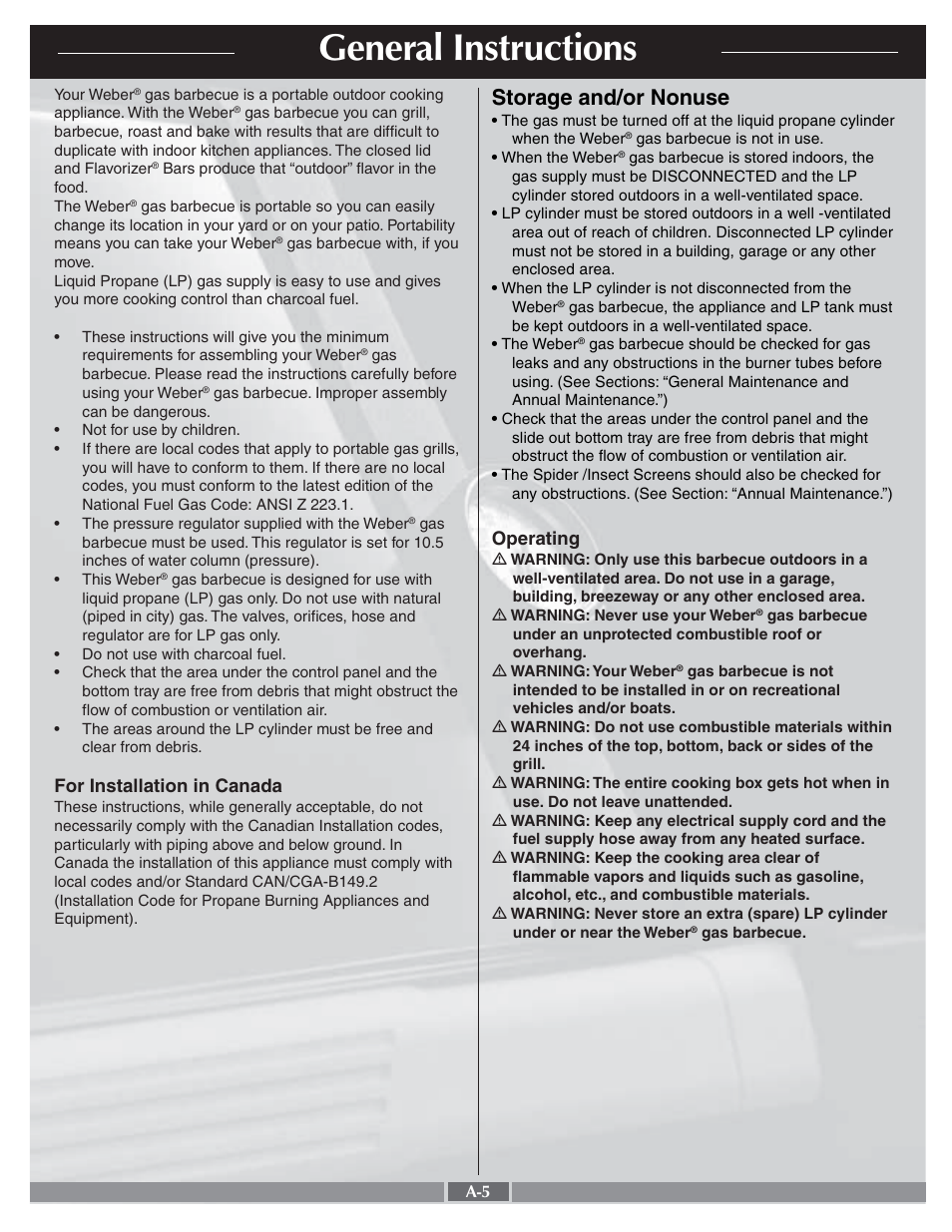 General instructions, Storage and/or nonuse, For installation in canada | Operating | weber 55276 User Manual | Page 5 / 30