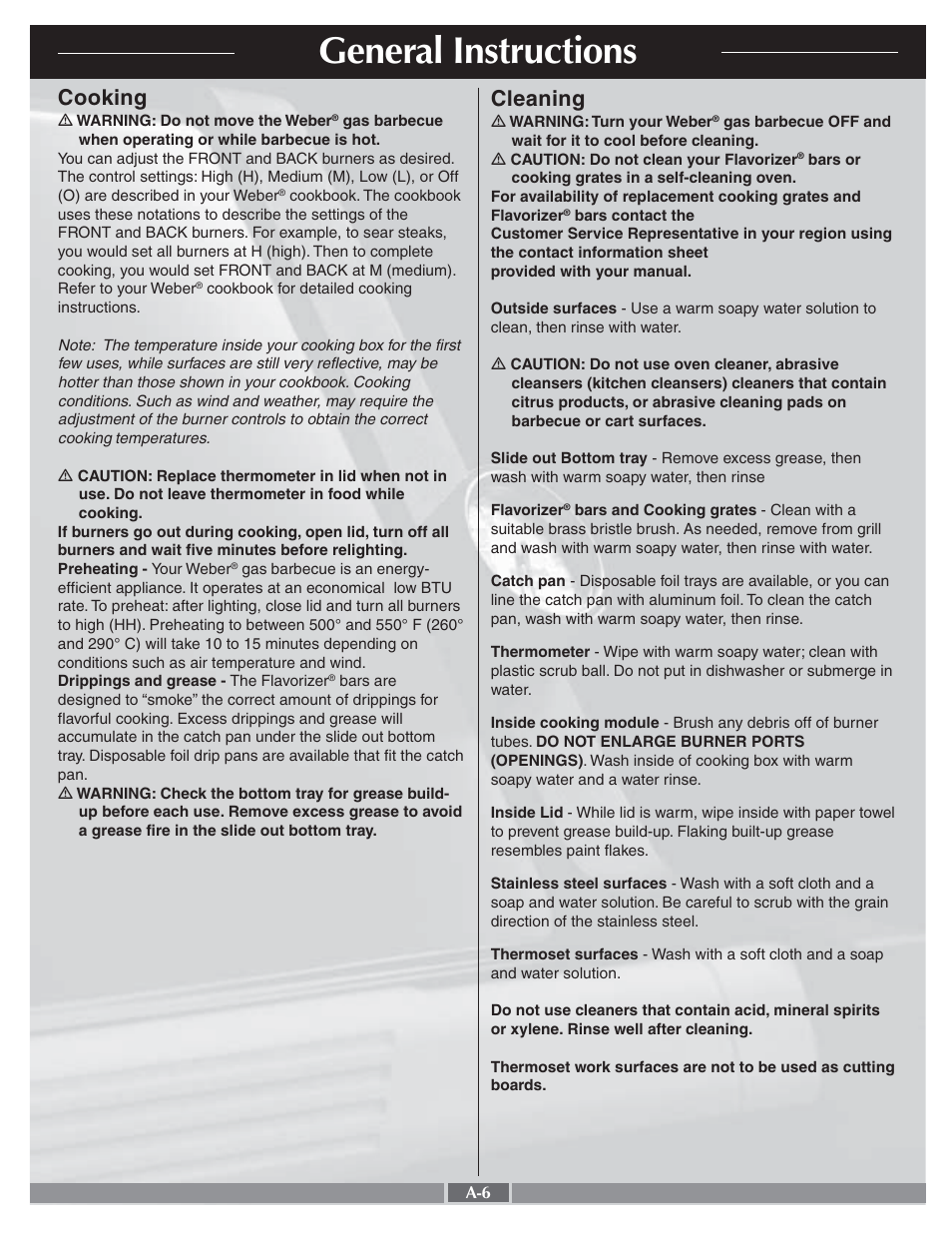 General instructions, Cooking, Cleaning | weber 55276 User Manual | Page 6 / 30