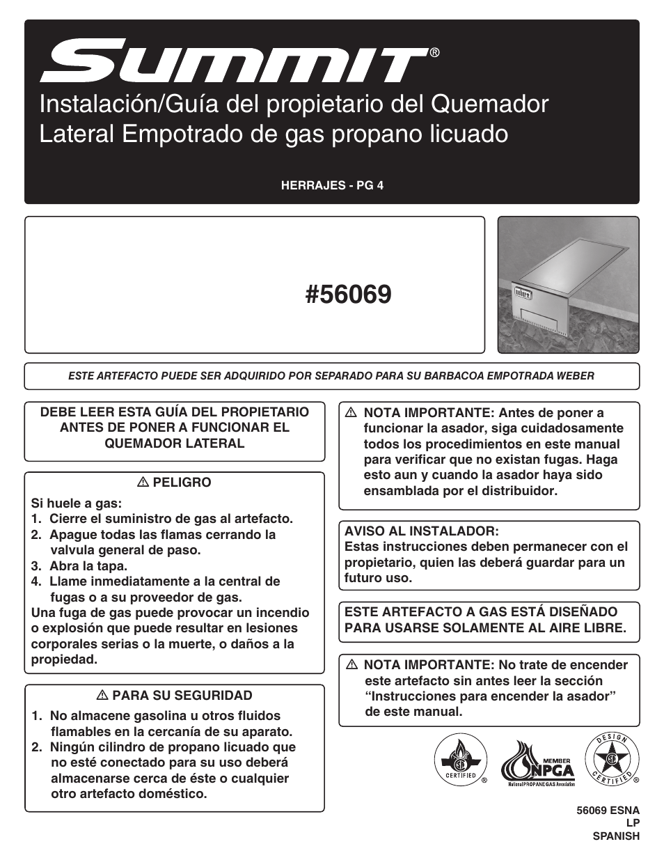 Built-in lp side burner installation/owner's guide | weber Summit 56069 User Manual | Page 21 / 56