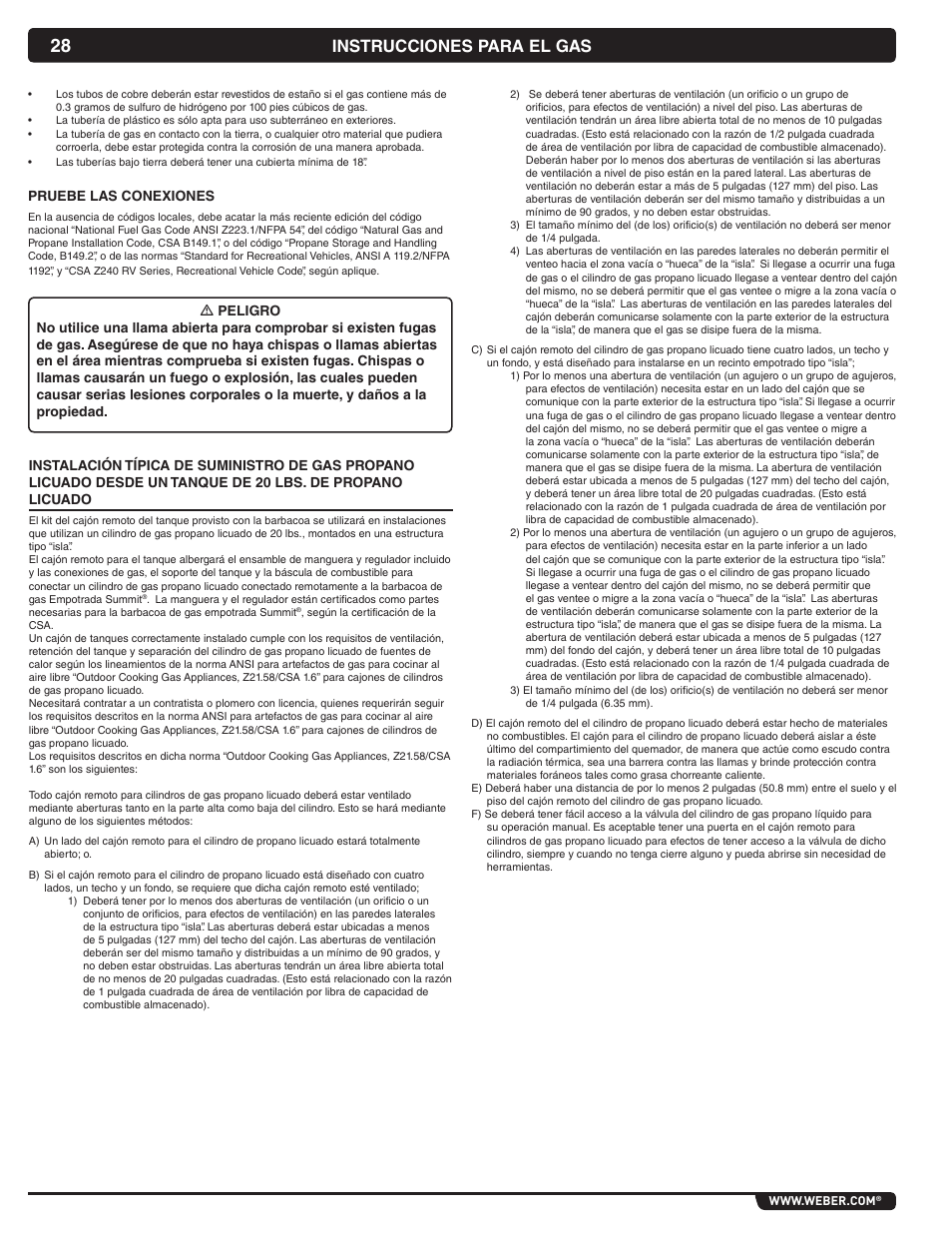 Instrucciones para el gas, Pruebe las conexiones | weber Summit 56069 User Manual | Page 28 / 56