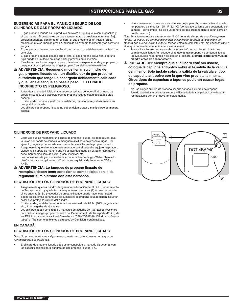 Instrucciones para el gas, Dot 4ba240 | weber Summit 56069 User Manual | Page 33 / 56