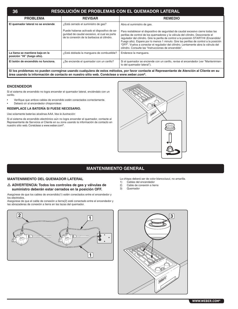 Resolución de problemas con el quemador lateral, Mantenimiento general | weber Summit 56069 User Manual | Page 36 / 56