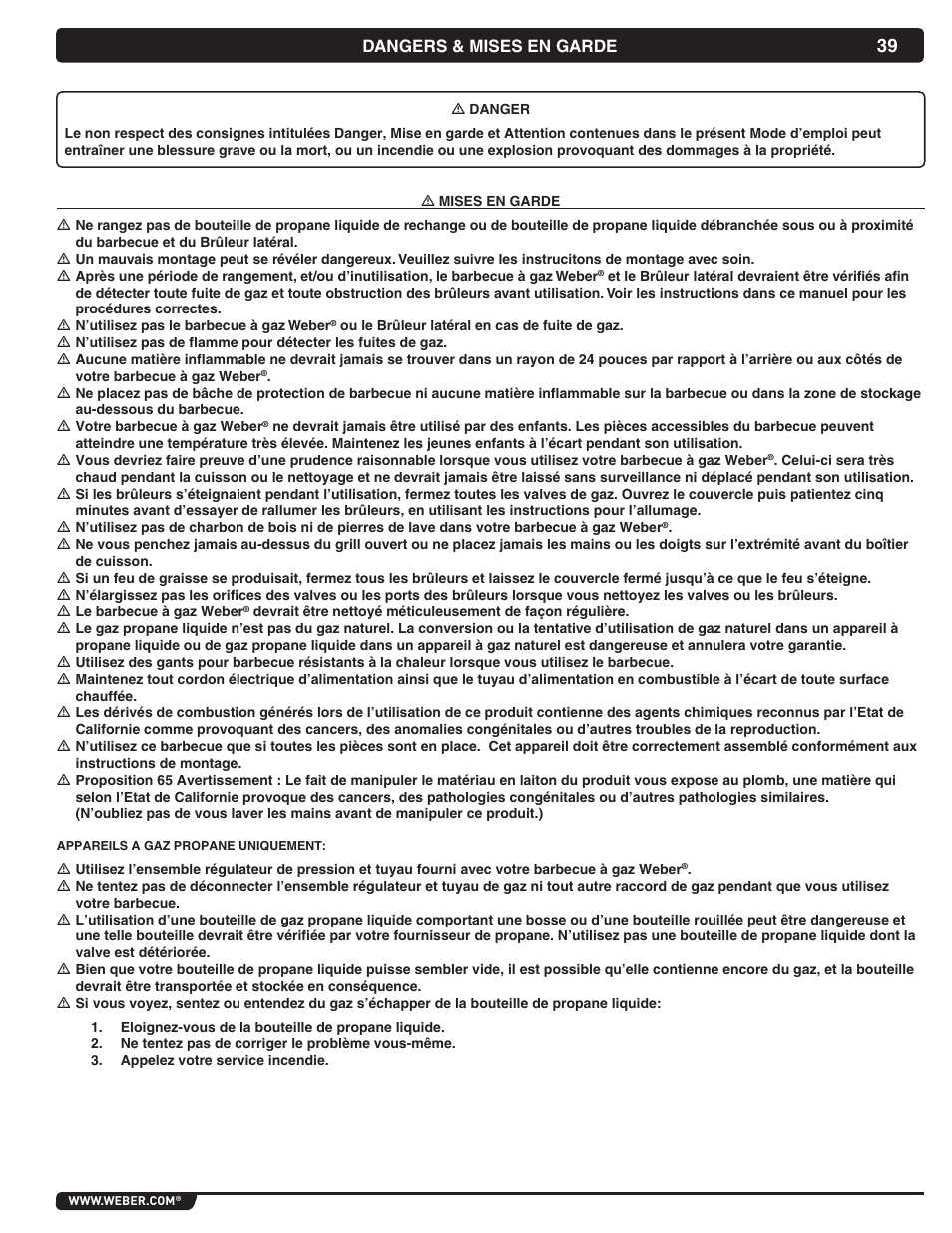 Dangers & mises en garde | weber Summit 56069 User Manual | Page 39 / 56
