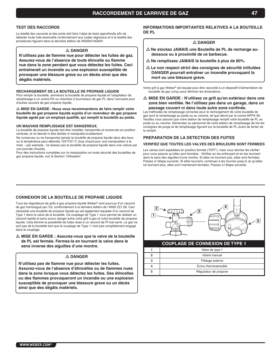 Raccordement de l’arrivee de gaz | weber Summit 56069 User Manual | Page 47 / 56