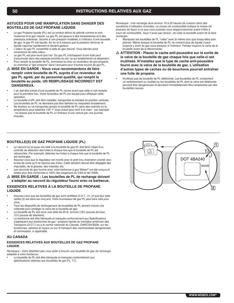 Instructions relatives aux gaz, Dot 4ba240 | weber Summit 56069 User Manual | Page 50 / 56