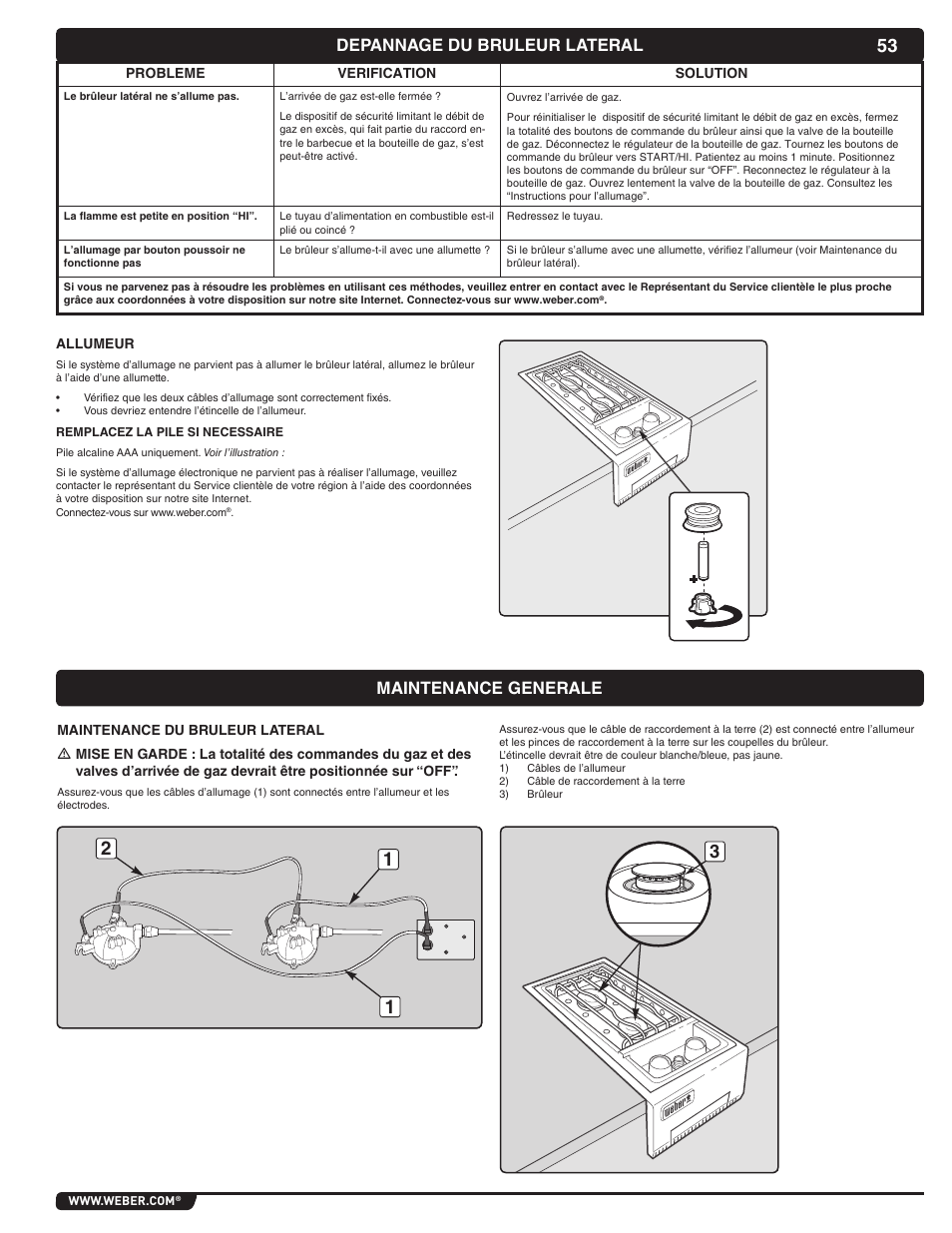 Depannage du bruleur lateral, Maintenance generale | weber Summit 56069 User Manual | Page 53 / 56