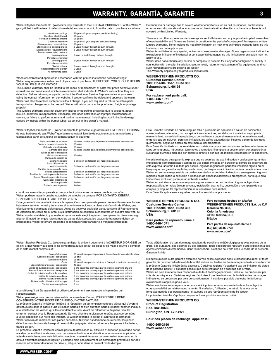 Warranty, garantía, garantie | weber Summit E/S-450 User Manual | Page 3 / 84
