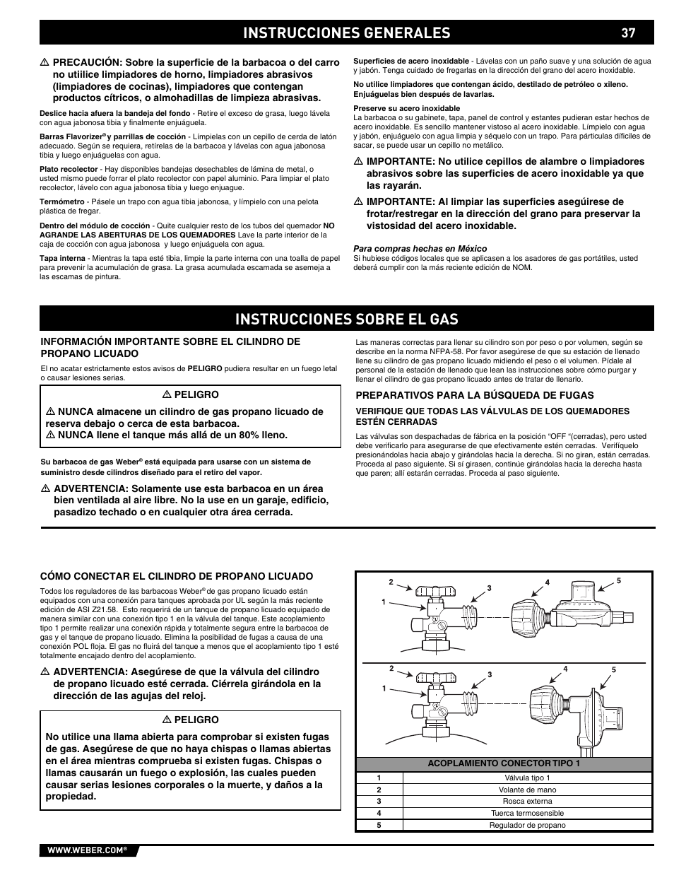 Instrucciones sobre el gas, Instrucciones generales | weber Summit E/S-450 User Manual | Page 37 / 84