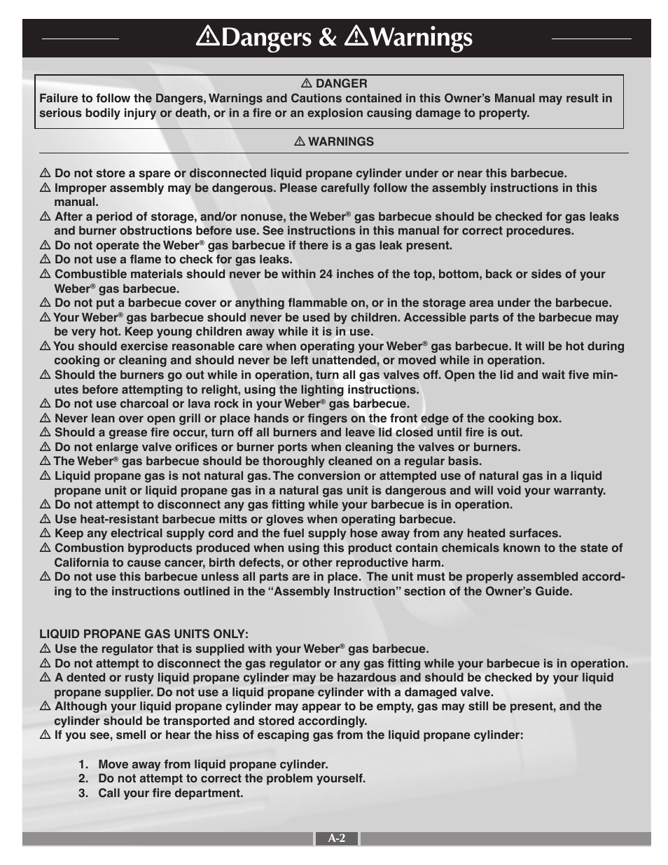 Ƽ dangers & ƽ warnings | weber 41995 User Manual | Page 2 / 60