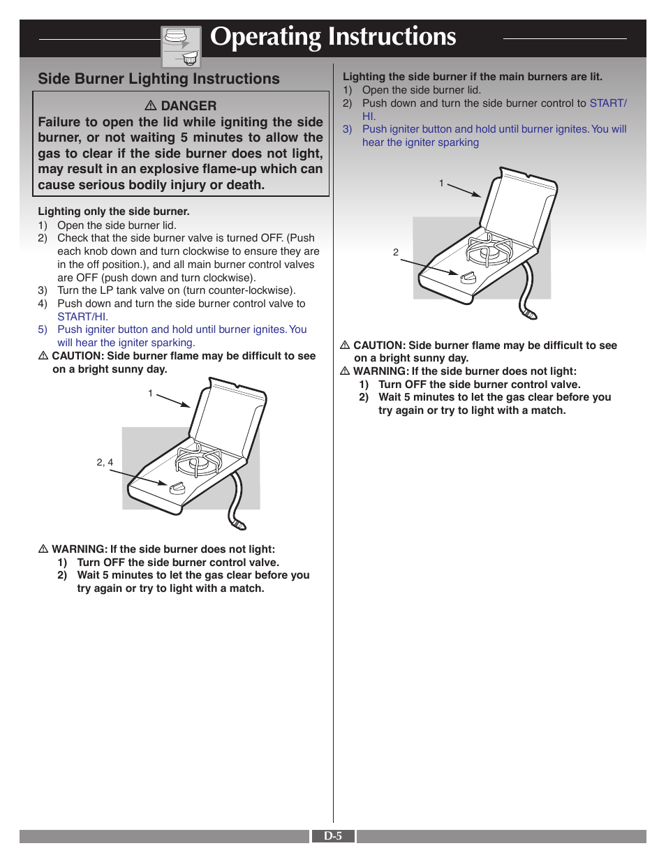 Operating instructions, Side burner lighting instructions | weber 41995 User Manual | Page 44 / 60