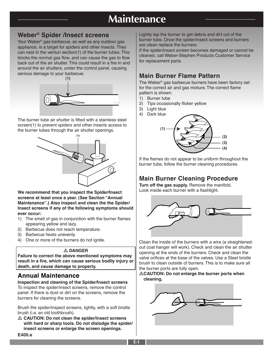 Maintenance, Main burner flame pattern, Main burner cleaning procedure | Weber, Spider /insect screens, Annual maintenance | weber 41995 User Manual | Page 56 / 60