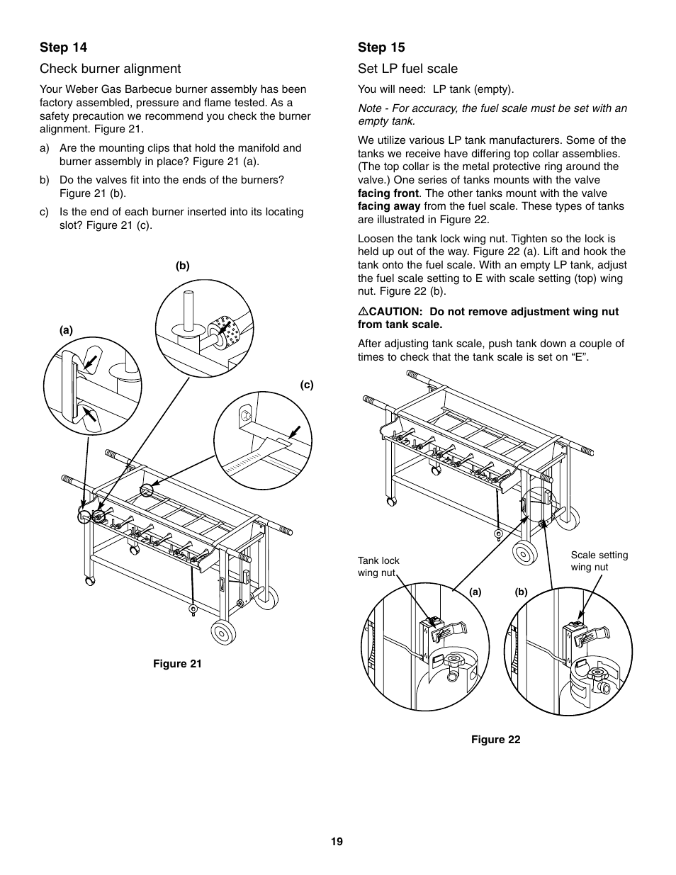 Step 14 check burner alignment, Step 15 set lp fuel scale | weber FT 600 User Manual | Page 19 / 48
