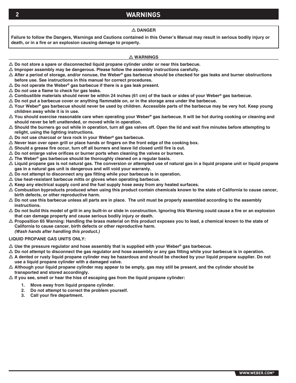 Warnings | weber 89565 User Manual | Page 2 / 76