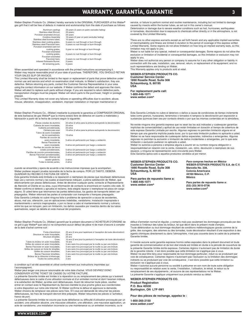 Warranty, Warranty, garantía, garantie | weber 89565 User Manual | Page 3 / 76