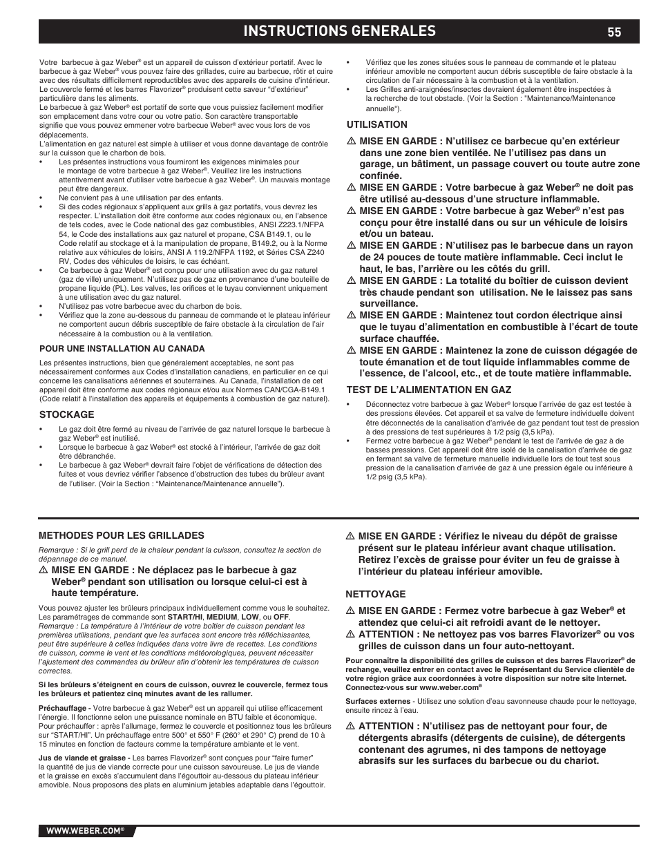 Dangers and warnings, Instructions generales | weber 89565 User Manual | Page 55 / 76