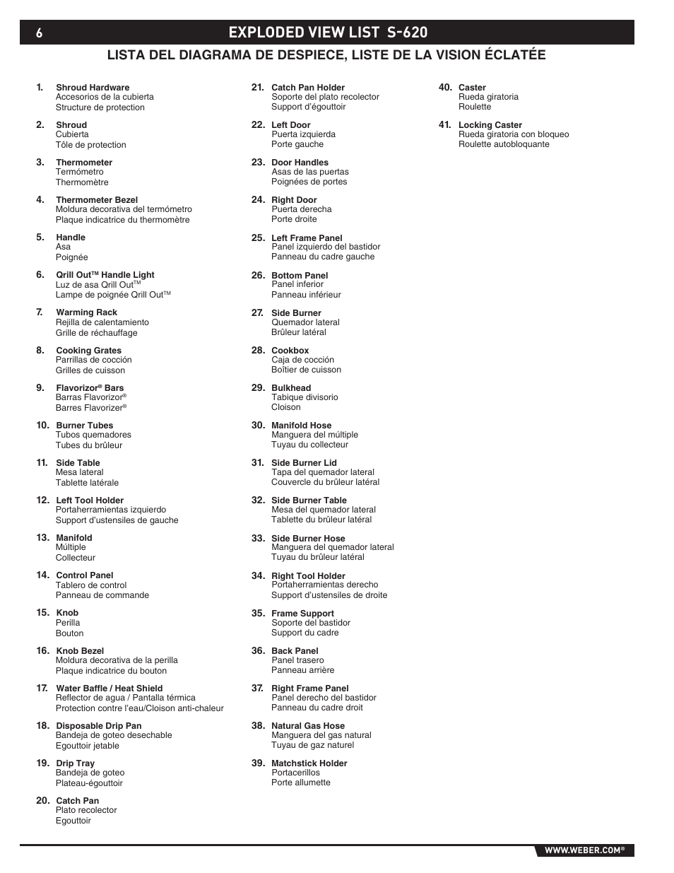 Exploded view list s-620 | weber 89565 User Manual | Page 6 / 76
