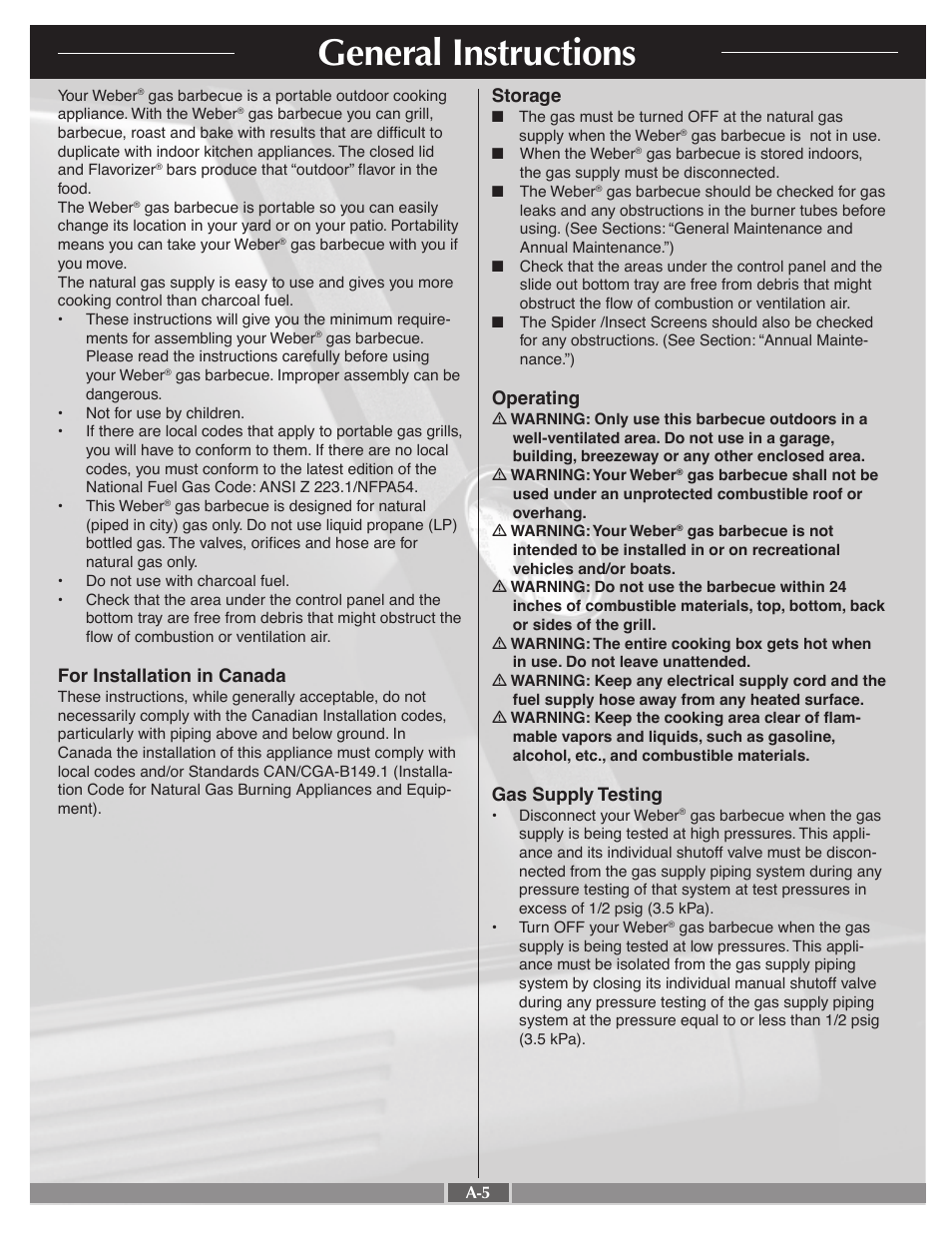 General instructions, For installation in canada, Storage | Operating, Gas supply testing | weber Genesis Gold B User Manual | Page 5 / 26