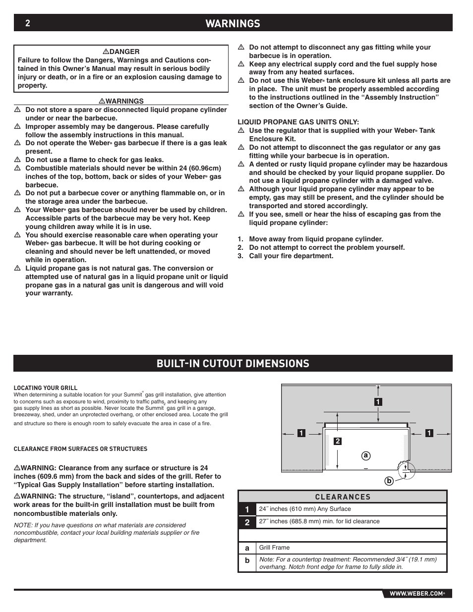 Warnings built-in cutout dimensions | weber S-640 User Manual | Page 2 / 24