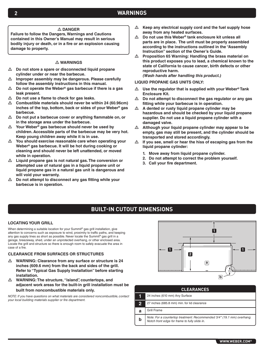 Warnings built-in cutout dimensions | weber Summit Gas Grill S-460 User Manual | Page 2 / 32