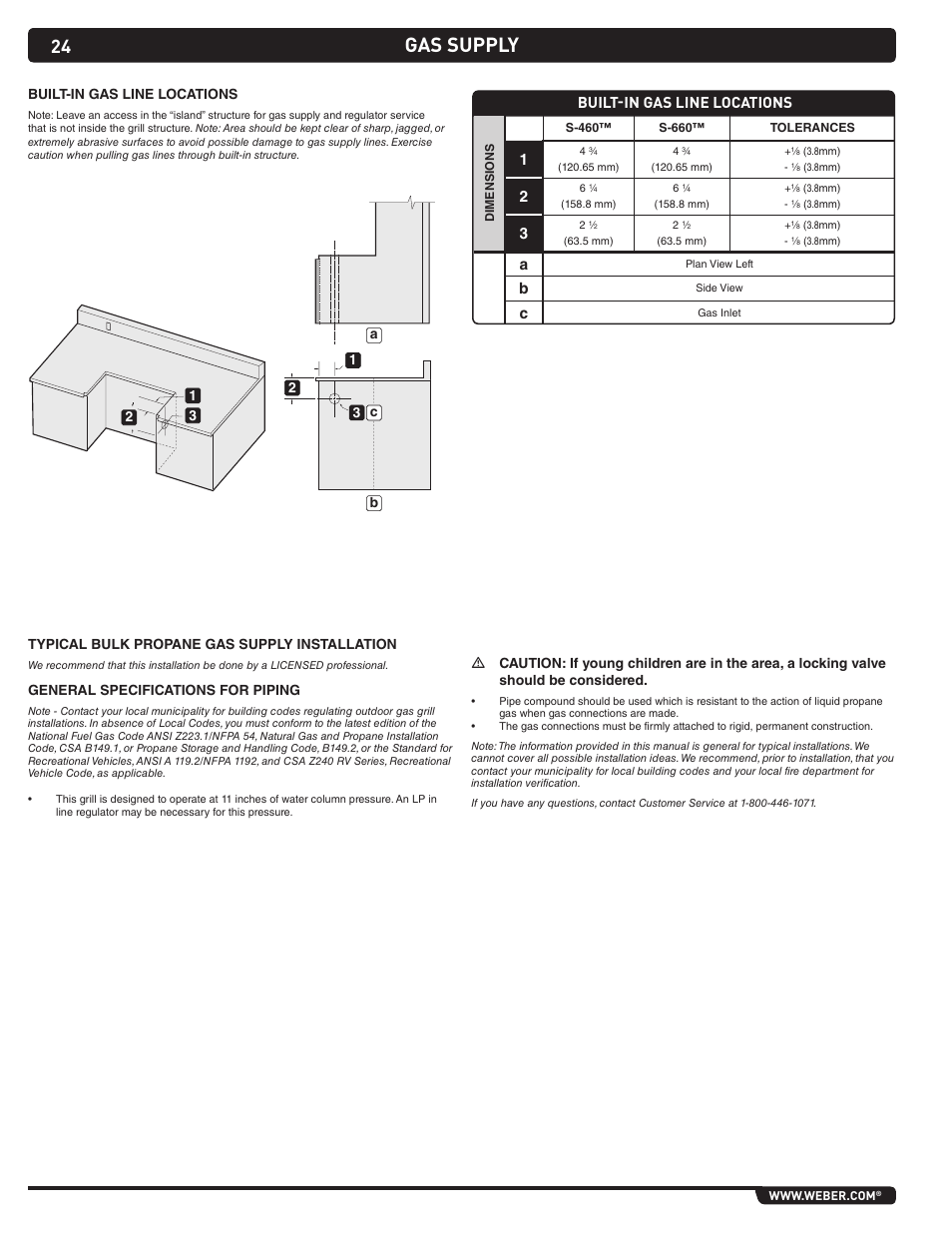Gas supply, Built-in gas line locations, Typical bulk propane gas supply installation | General specifications for piping | weber Summit Gas Grill S-460 User Manual | Page 24 / 32