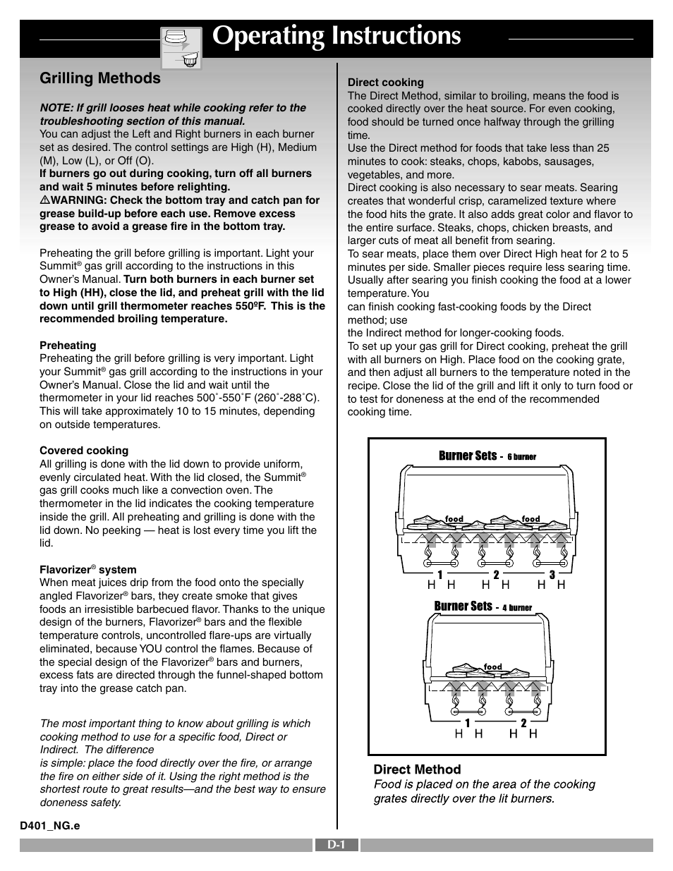 Operating instructions, Grilling methods | weber SUMMIT 41996 User Manual | Page 32 / 50