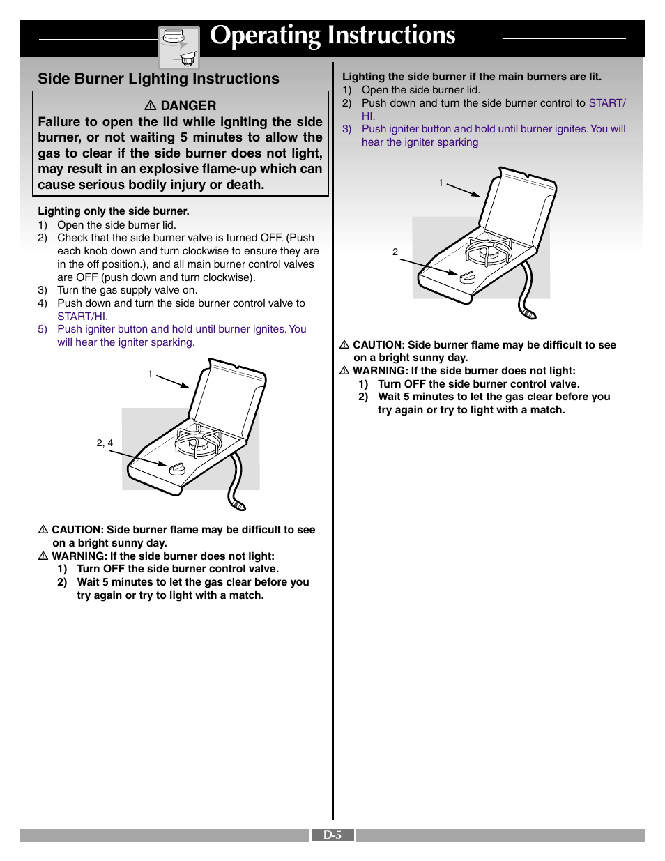 Operating instructions, Side burner lighting instructions | weber SUMMIT 41996 User Manual | Page 36 / 50