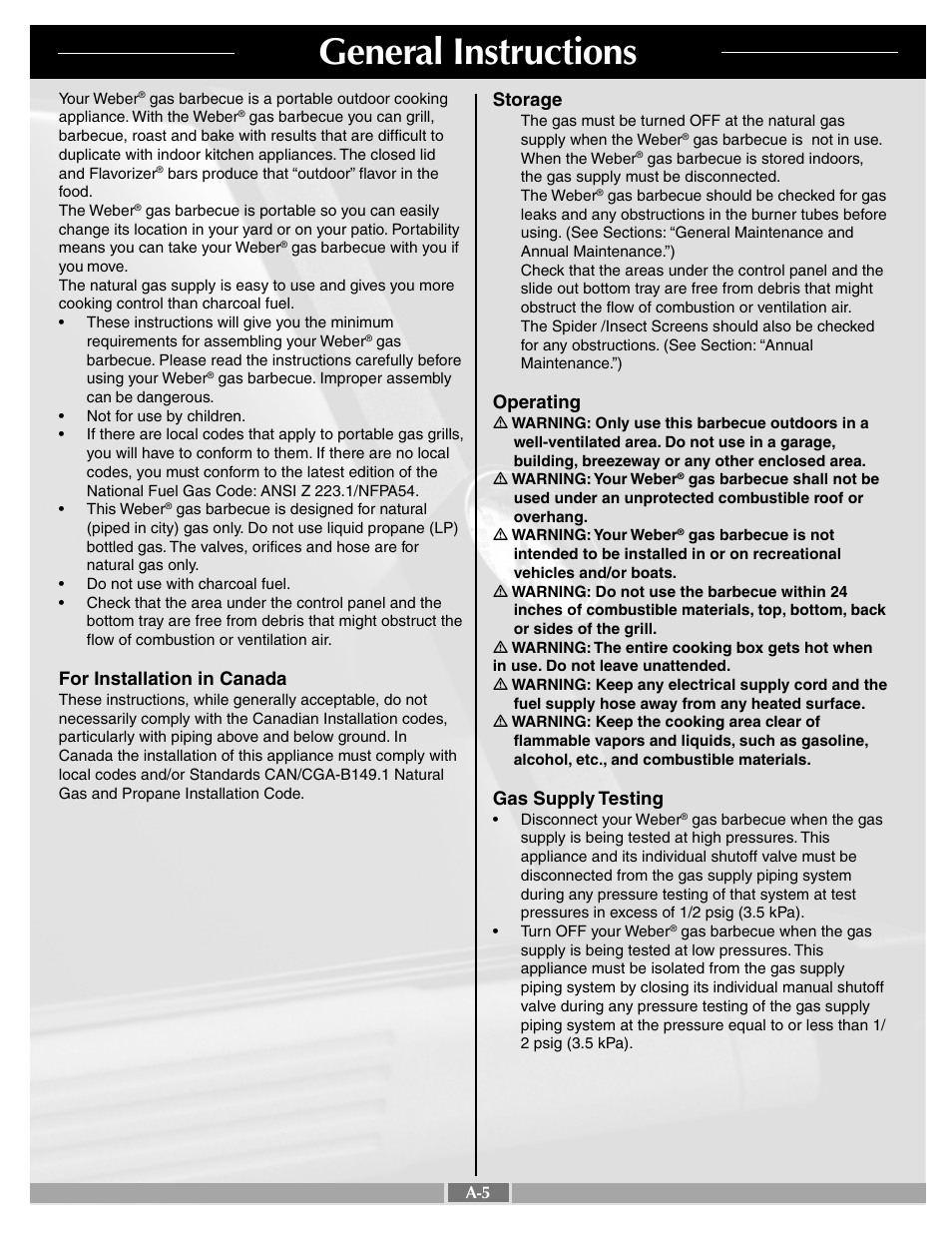 General instructions, For installation in canada, Storage | Operating, Gas supply testing | weber SUMMIT 41996 User Manual | Page 5 / 50