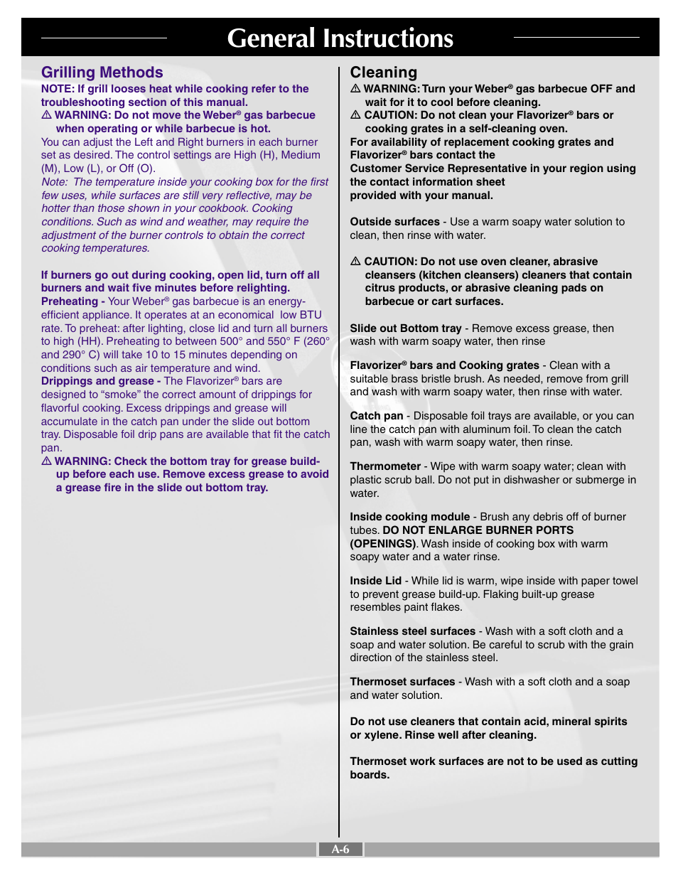 General instructions, Grilling methods, Cleaning | weber SUMMIT 41996 User Manual | Page 6 / 50