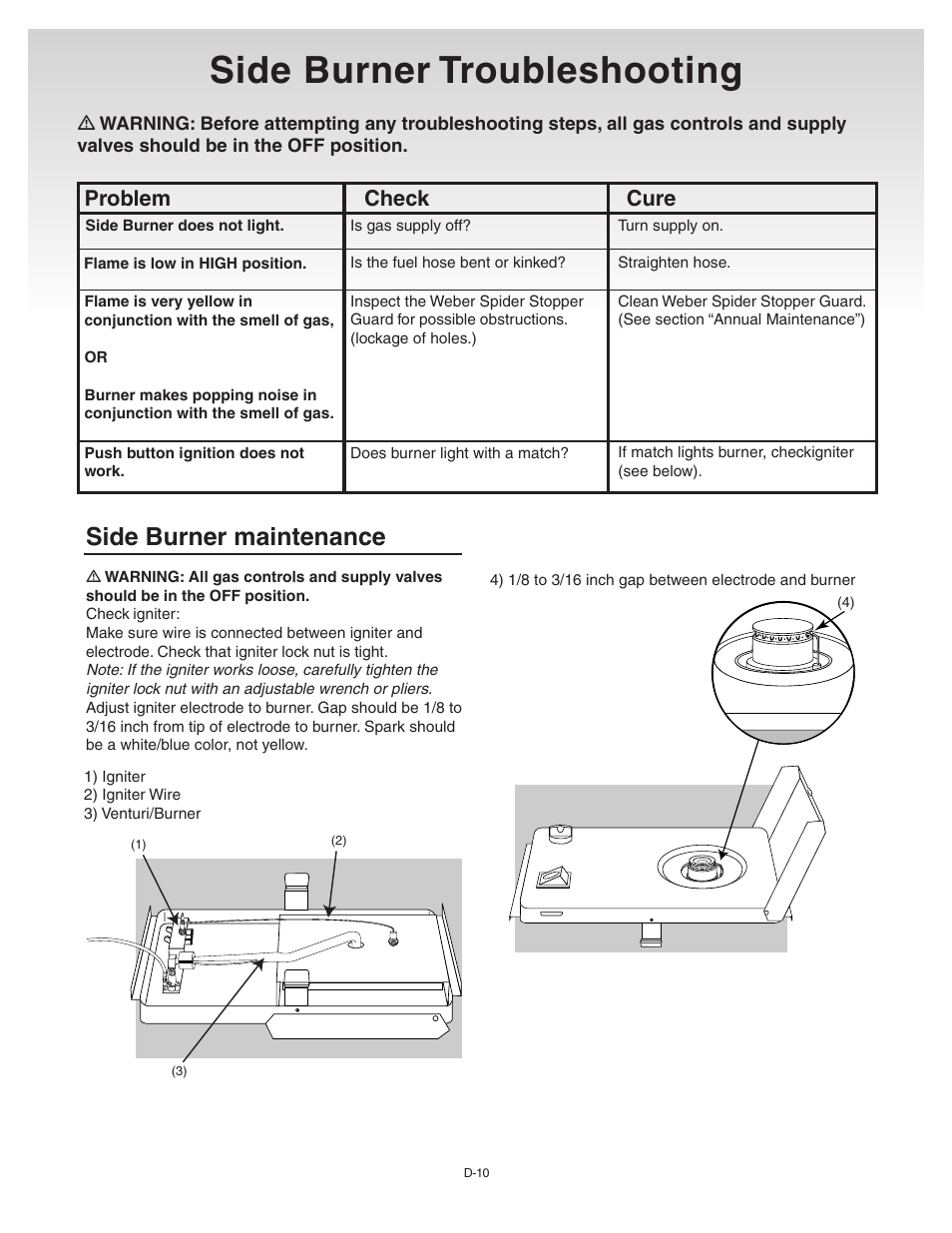 Side burner maintenance, Side burner troubleshooting, Problem check cure | weber Genesis Silver-C User Manual | Page 36 / 36