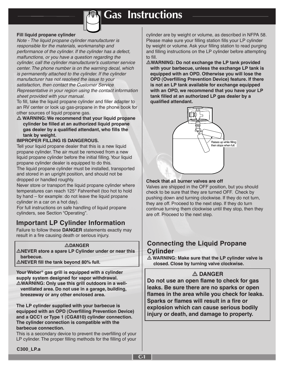 Gas instructions, Important lp cylinder information, Connecting the liquid propane cylinder | weber LP Gas Grill User Manual | Page 18 / 27