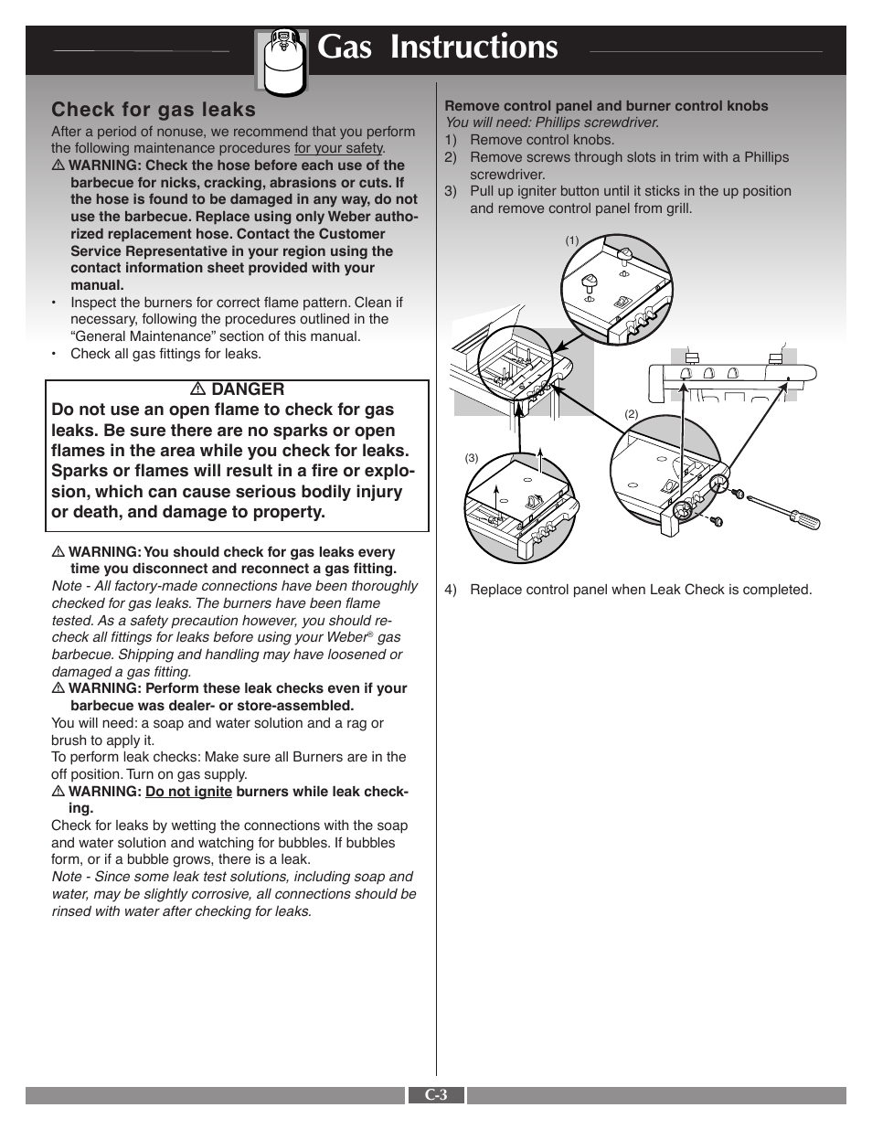 Gas instructions, Check for gas leaks | weber LP Gas Grill User Manual | Page 20 / 27
