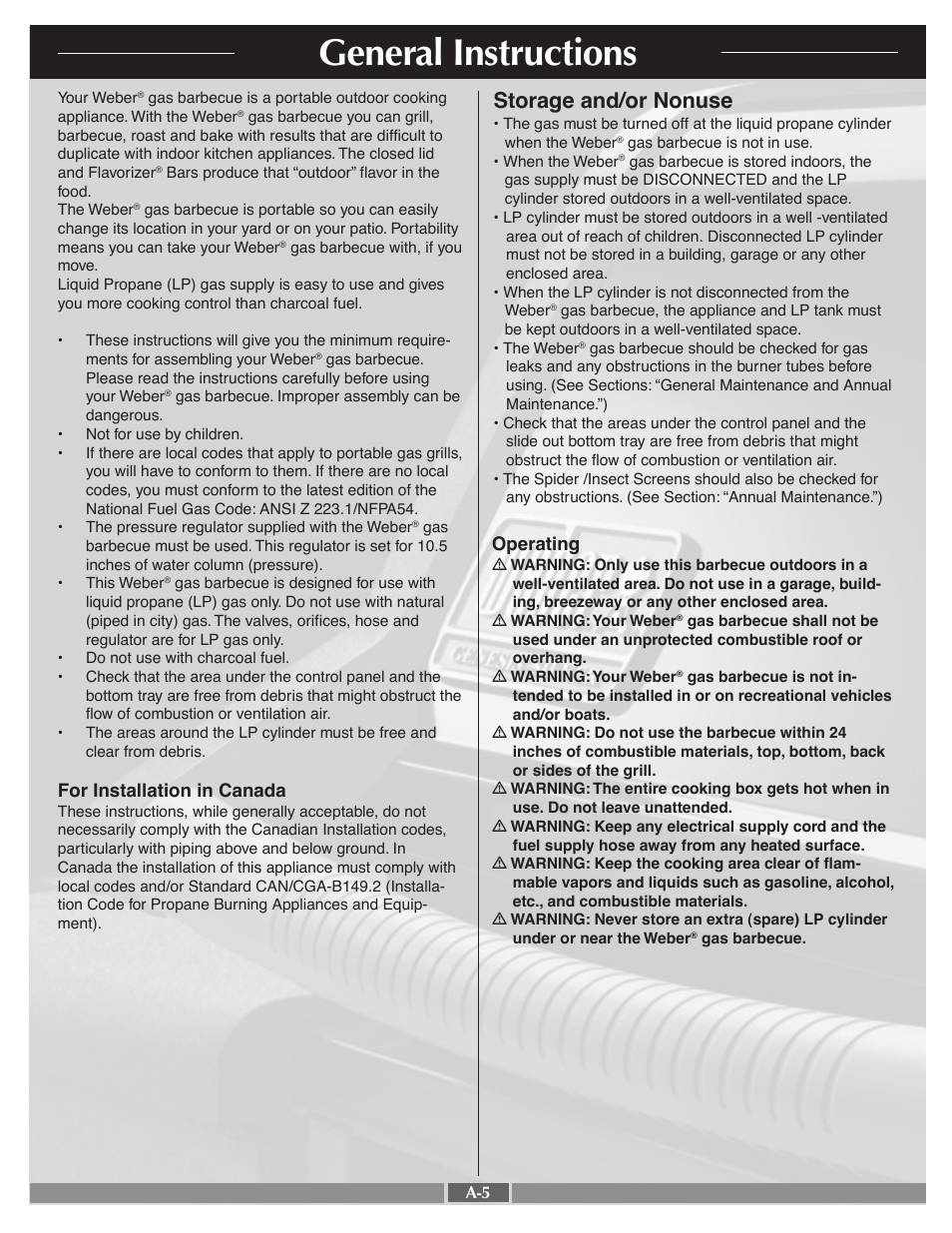 General instructions, Storage and/or nonuse, For installation in canada | Operating | weber LP Gas Grill User Manual | Page 5 / 27