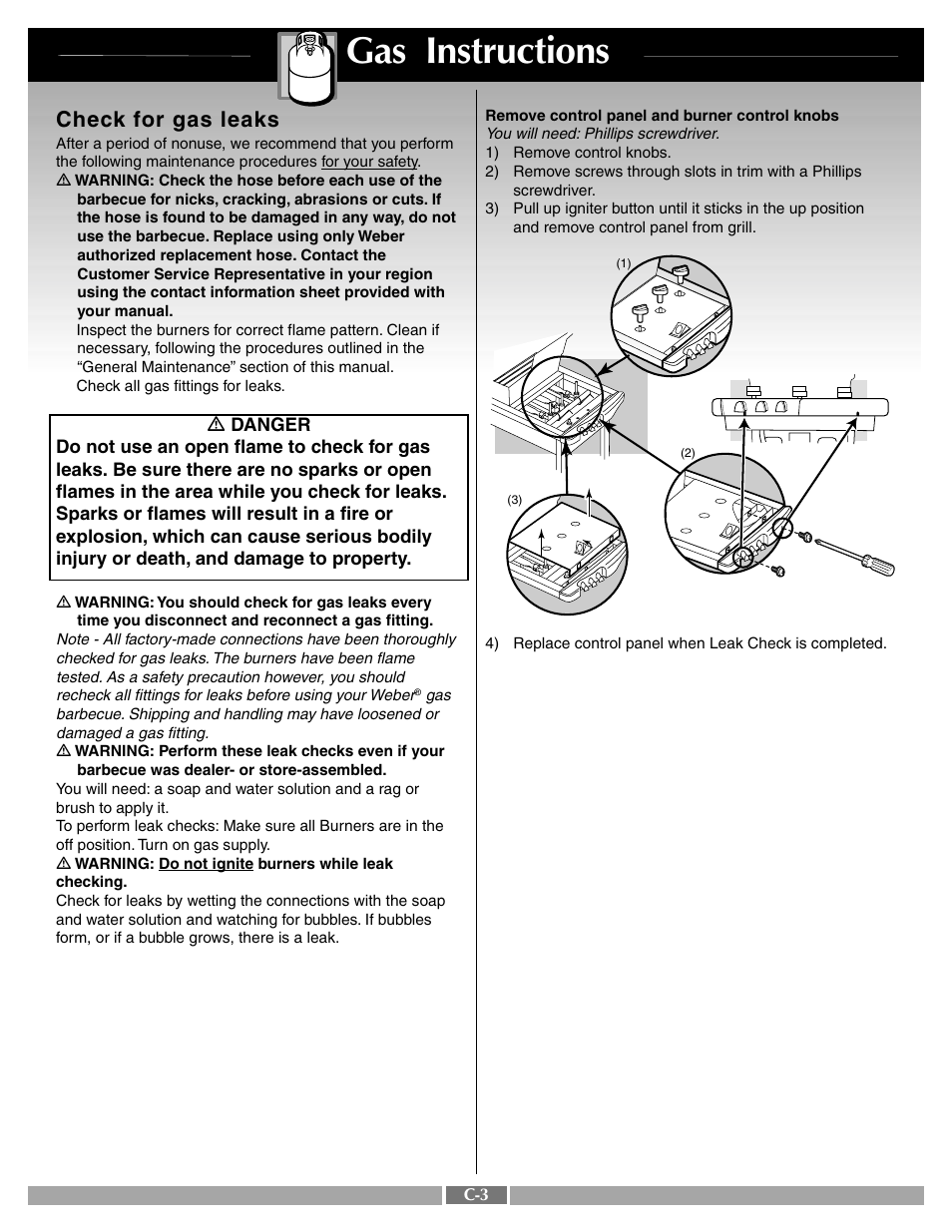 Gas instructions, Check for gas leaks | weber Gold B User Manual | Page 19 / 26