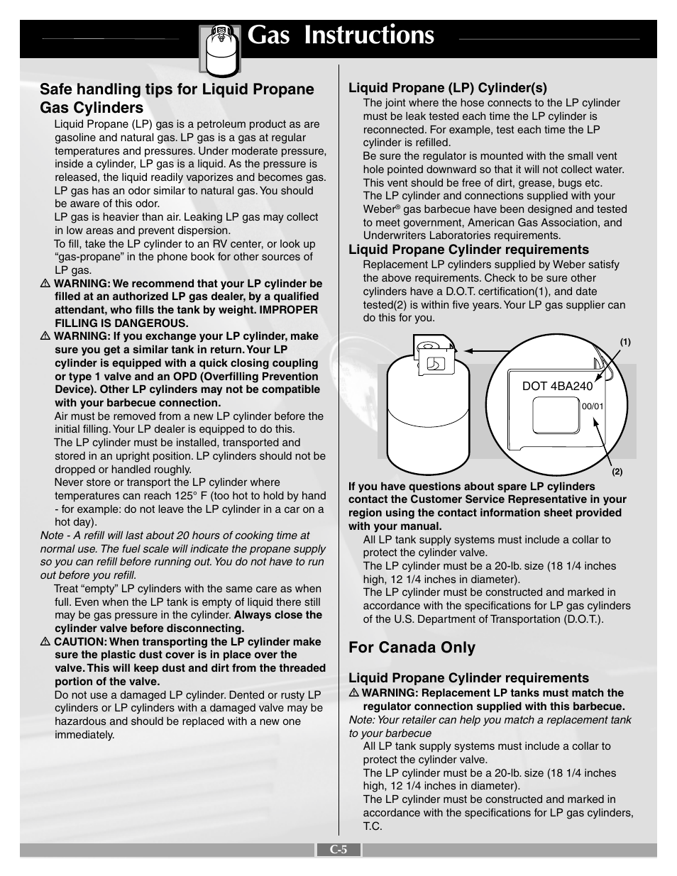 Gas instructions, For canada only | weber Gold B User Manual | Page 21 / 26