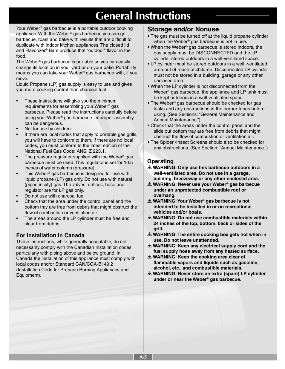 General instructions, Storage and/or nonuse, For installation in canada | Operating | weber Gold B User Manual | Page 5 / 26